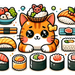 Fototapeta premium Cute Cat with Sushi and Japanese Food Illustration
