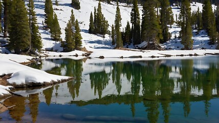 still lake with a snow-capped mountain in the background,