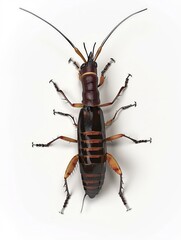 A 4D cartoon earwig with pincers crawling on a whi 18 1832 insect, isolated, macro, bug, animal, white, nature, fly, pest, mosquito, close-up, cockroach, wasp, cricket, black, antenna, beetle, closeup