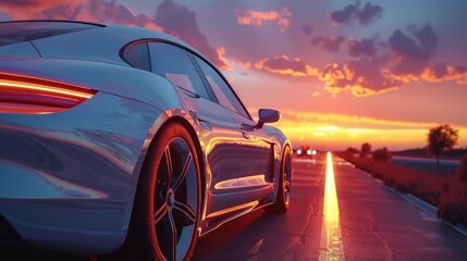Sunset scenic highway drive with vibrant sky colors reflecting on the sleek car, showcasing serene travel moments