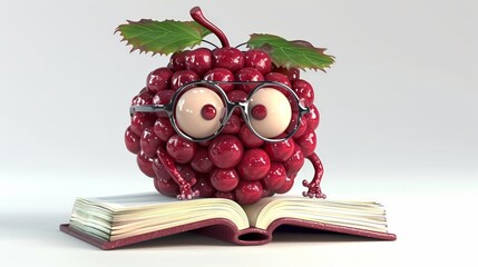 A 4D cartoon elderberry with tiny glasses reading  11 1827 apple, book, education, school, fruit, stack, isolated, books, food, red, learning, white, literature, knowledge, study, library, green, text