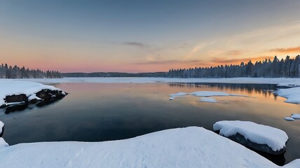 snowy landscape with a lake in the background