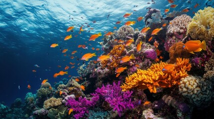 Naklejka premium Vibrant Underwater Coral Reef with Colorful Fish and Sunbeams.