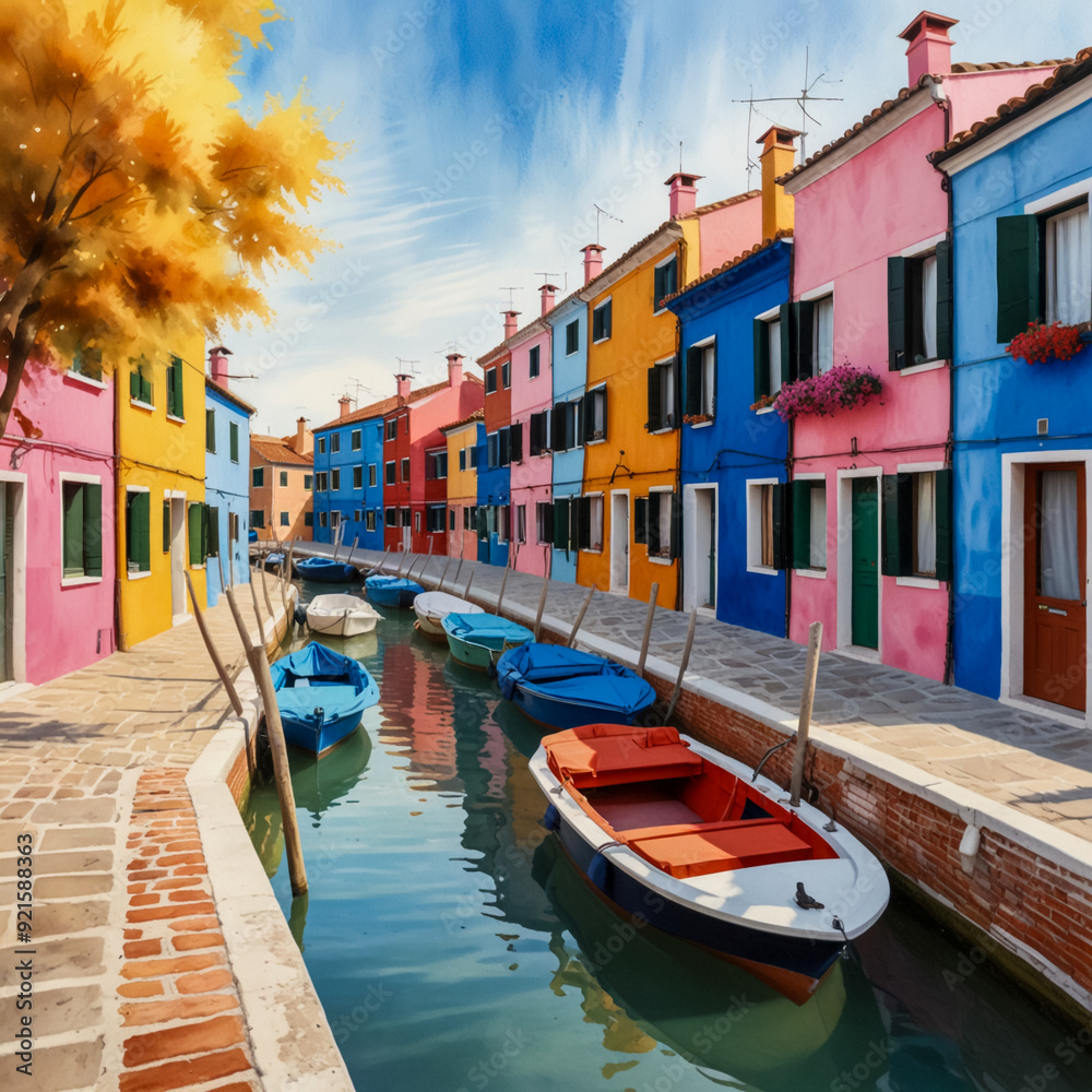 Wall mural watercolor illustration of burano island in the venetian lagoon during the autumn season. the scene 