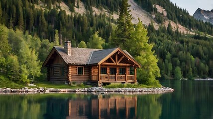 Fototapeta premium wooden cabin sits on the shore of a calm lake,