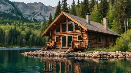 Obraz premium wooden cabin sits on the shore of a calm lake,