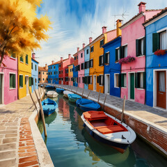 Obraz premium Watercolor illustration of Burano Island in the Venetian Lagoon during the autumn season. The scene highlight the island’s colorful, vividly painted houses lining the canals