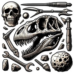 Tyrannosaurus Rex Skull and Other Objects Illustration