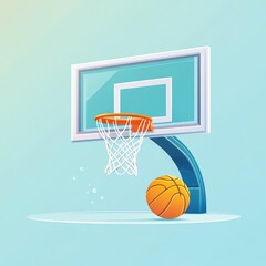 Fototapeta premium Illustration of a basketball hoop with a ball resting beneath it on a light, pastel background, evoking a sporty and playful vibe.