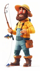 Obraz premium A 4D cartoon fisherman with a fishing rod and catc 131 2778 cartoon, fishing, fisherman, person, illustration, sword, vector, woman, warrior, war, sport, knight, people, soldier, hat, military 