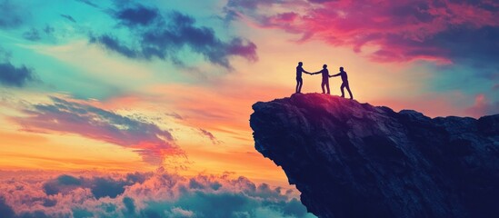 Three Silhouettes on a Clifftop at Sunset