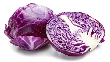 Red Cabbage Cut in Half on White Background