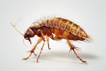 A 4D cartoon flea with strong legs jumping on a wh 134 3775 insect, isolated, macro, bug, animal, white, cockroach, nature, fly, close-up, antenna, brown, pest, beetle, wildlife, closeup, cricket, bla