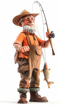 A 4D cartoon fisherman with a fishing rod and catc 131 3777 woman, warrior, sword, knight, people, person, cartoon, soldier, illustration, vector, fashion, history, medieval, play, music, cowboy, figh