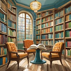  A grand library with a stained glass window and a collection of leather armchairs