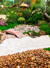 Minimal Japanese garden in home with small stone lantern and bamboo fountain and moss and flowers.
