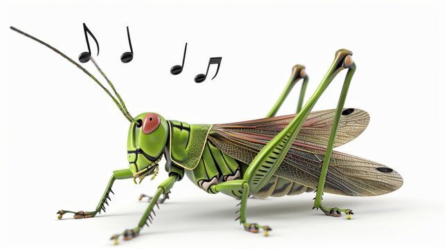 A 4D cartoon grasshopper with a musical note playi 142 1755 grasshopper, insect, green, locust, macro, animal, isolated, nature, bug, cricket, white, grass, hopper, closeup, antenna, pest, close-up, w
