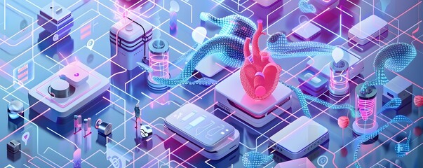 3D Abstract Representation of a Digital Heart Connected to a Circuit Board