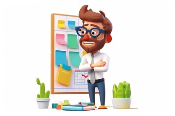 A 4D cartoon project manager with a project plan o 245 537 cartoon, illustration, vector, businessman, business, kid, boy, money, people, person, success, work, character, worker, school, smile, child