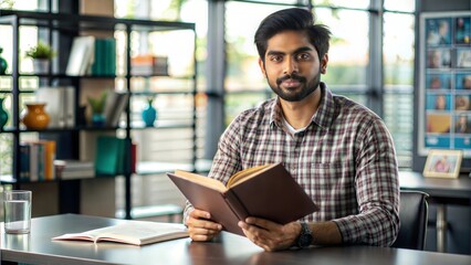 Obraz premium An Indian man holding a science textbook, seated at a study desk in a university library with educational posters in the background. 