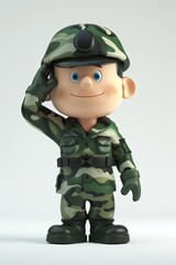 Naklejka premium A 4D cartoon soldier in camouflage saluting on a w 269 3484 soldier, military, army, camouflage, uniform, boy, gun, hat, child, people, war, clothing, armed, person, forces, helmet, rifle, cartoon, gr