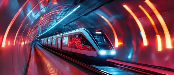Fototapeta premium Futuristic Train Speeding Through a Neon Tunnel.