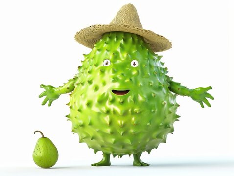 A 4D cartoon soursop with a tiny hat looking adven 272 1479 green, fruit, nature, food, isolated, plant, flower, fresh, lime, macro, tropical, leaf, healthy, vegetable, white, bud, kaffir, spring, nat