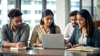 An Indian woman working in a group study session, collaborating with other students at a table in a university study lounge.
