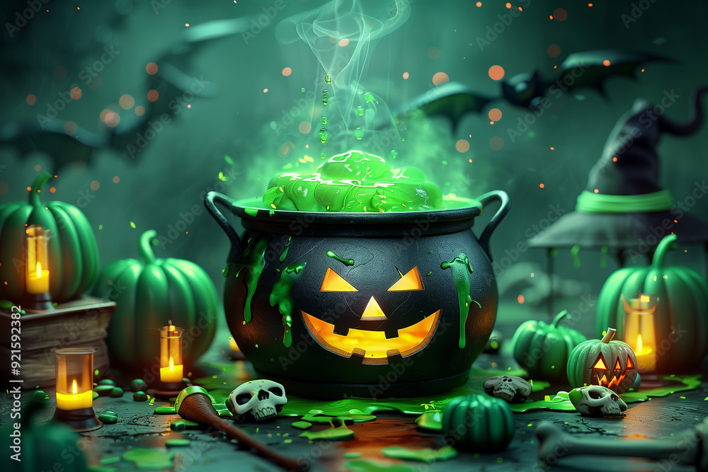 Wall mural Black witches cauldron with green potion, Halloween concept.