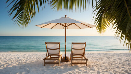 Obraz premium Chairs on the sandy beach near the sea. Summer holiday and vacation concept for tourism. Inspirational tropical landscape.