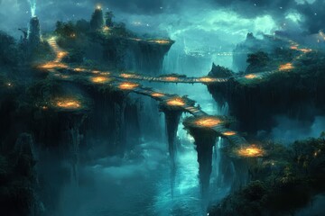 Fantasy Landscape with Floating Islands and Glowing Bridges - Nighttime Scenery