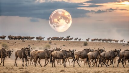 Obraz premium Wildebeest Herd Grazing Under a Full Moon in the African Savanna