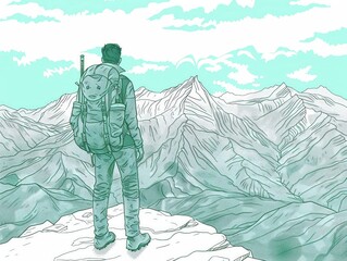 Geographer line art 2 colors 241198 woman, silhouette, mountain, people, hiking, hiker, sky, walking, winter, landscape, nature, illustration, sport, vector, snow, travel, men, boy, cartoon, art, pers