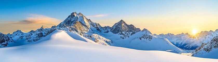 Obraz premium Snow-covered mountain peaks at dawn, breathtaking winter scenery, majestic and serene