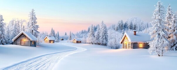 Snowy village at sunset, warm lights in cold surroundings, charming and nostalgic