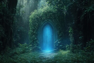 Obraz premium Enchanted Forest Doorway - Magical Blue Door in Lush Greenery.