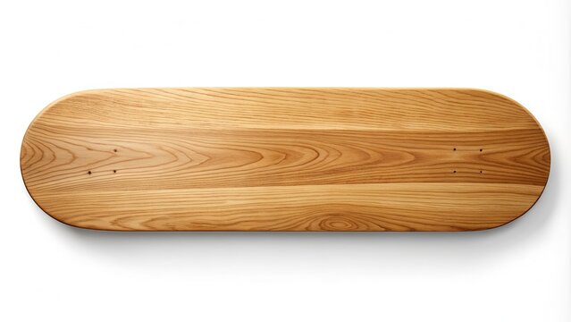 A blank, customizable skateboard deck with a wooden grain texture, isolated on a white background, ready for branding, design, and creative manipulation.