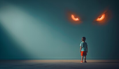 Obraz premium A girl stands in front of a large, scary monster by AI generated image