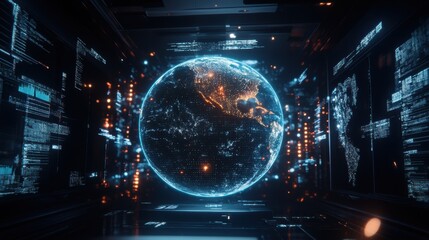 Futuristic Holographic Earth Globe with Digital Code Displays - Global Network Concept.