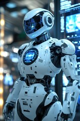 Futuristic Robot with Blue Digital Screen Display.