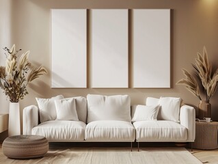Living room light interior with set of empty clean canvas frames on interior wall for mockup. AI generated