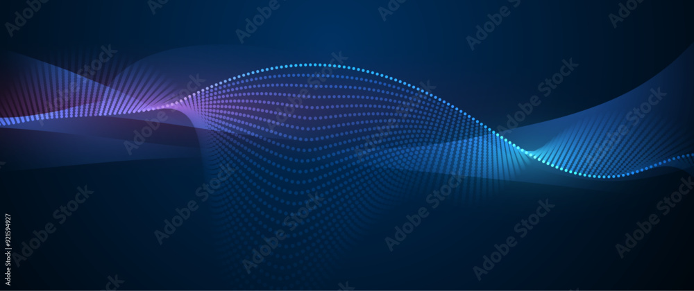 Poster Vector abstract dynamic, wave - flow mesh particles pattern and dot on dark blue background. Illustration design futuristic, network technology background. Modern digital datum and science concept