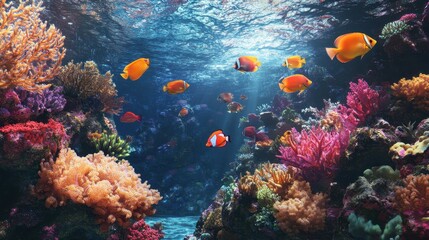 Naklejka premium Vibrant Coral Reef Underwater Scene with Colorful Fish and Sunlight