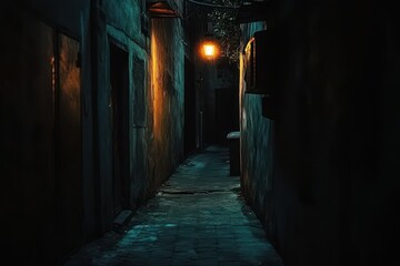 Fototapeta premium Dark Alleyway with Single Streetlight at Night.
