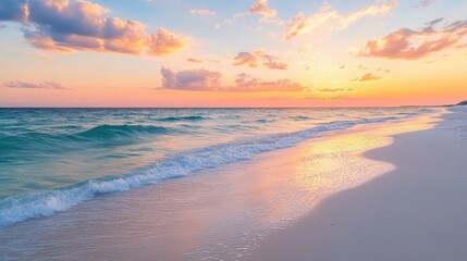 Obraz premium Serene Sunset Over Tranquil Ocean Waves on Sandy Beach.