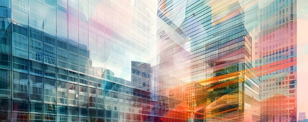 Fototapeta premium Abstract Glass Buildings with Reflective Surfaces and Colorful Overlays