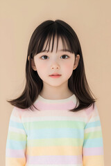 Portrait of a Little Girl in a Pastel Striped Sweater Looking at the Camera with a Neutral Expression