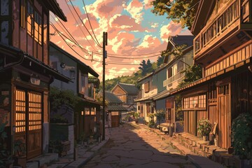 Fototapeta premium A nostalgic old town view with traditional elements and a cozy vibe. Cozy vibe, Generative AI