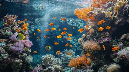 Vibrant Underwater Scene with Orange Fish and Coral Reefs.