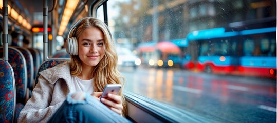 Woman in bus with phone. Girl in transport with smartphone and headphones. Young people inside train, tram. Happy person with music city travel. Student passenger with mobile. Autumn rainy window view